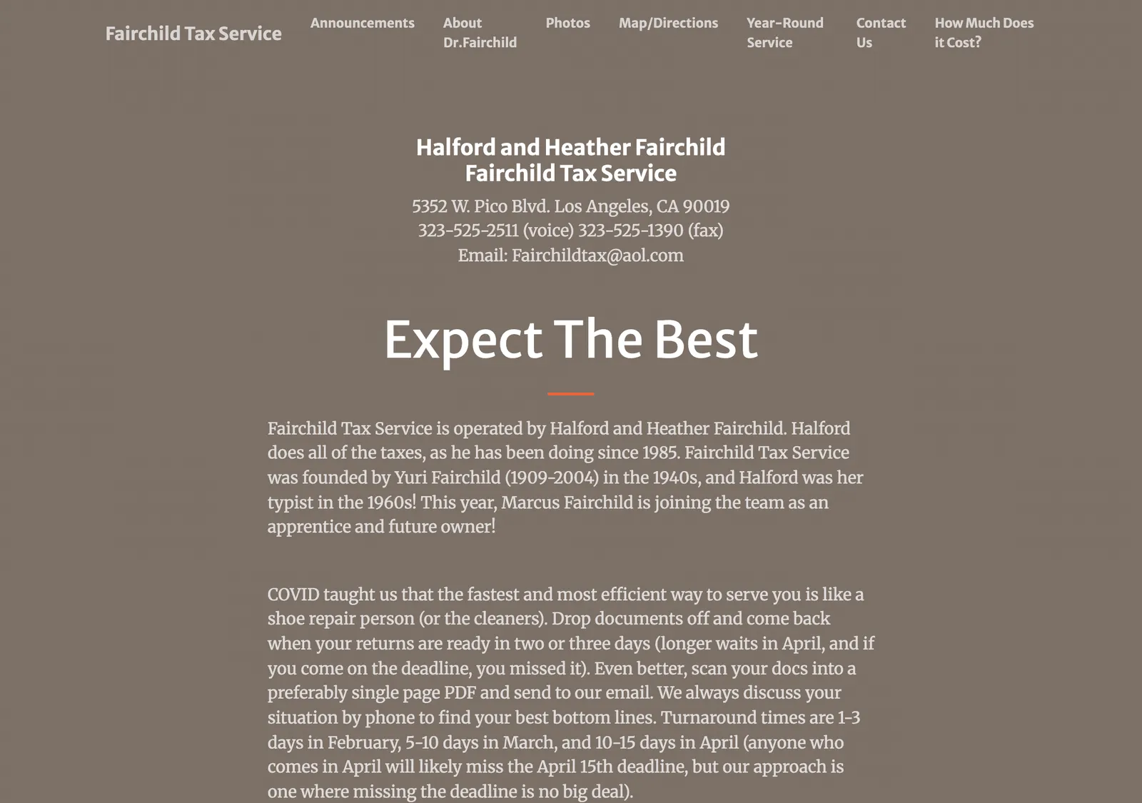 The Fairchild Tax Service homepage, showing the practice name, address and phone number above an introduction to the business.